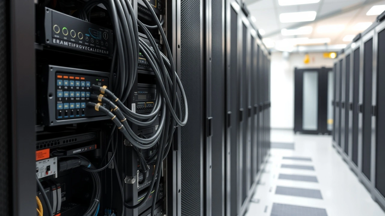 rack de serveurs dedies avec cables securises et stockages de sauvegarde